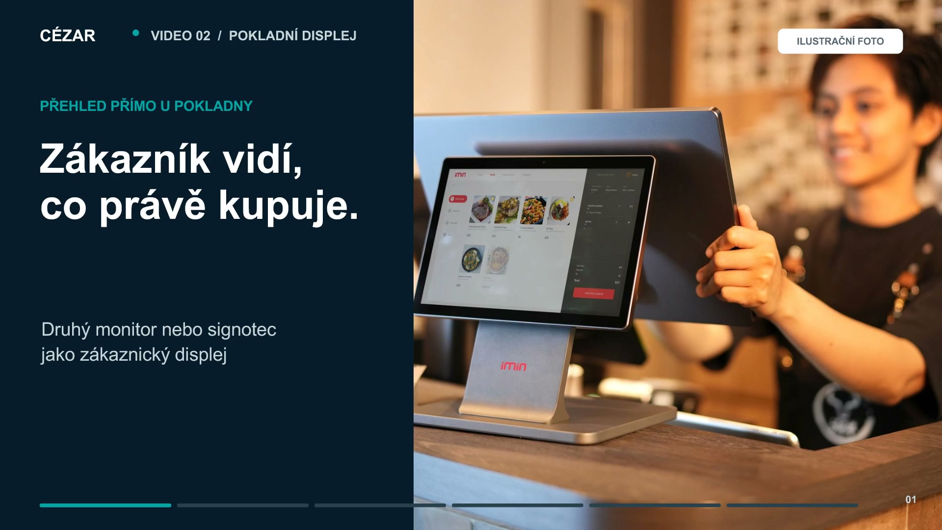 Pokladní displej Cézar se seznamem položek nákupu